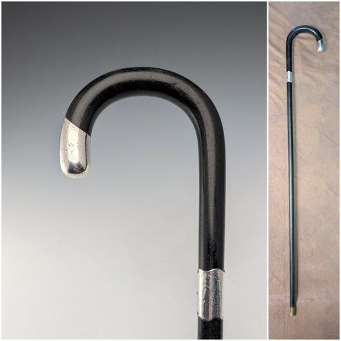 1912 British antique black shaft, curved handle, pure silver decoration, walking stick, 90cm, J Howell & Co.